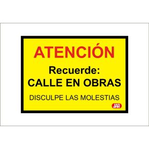 Cartel PVC con leyenda "ATENCIÓN CALLE EN OBRAS"