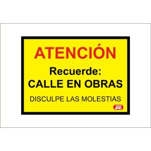Cartel PVC con leyenda "ATENCIÓN CALLE EN OBRAS"