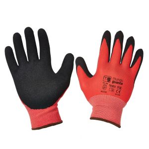 GUANTES DE TRABAJO POLIÉSTER ROJO Y NITRILO RUGOSO NEGRO - TESEO